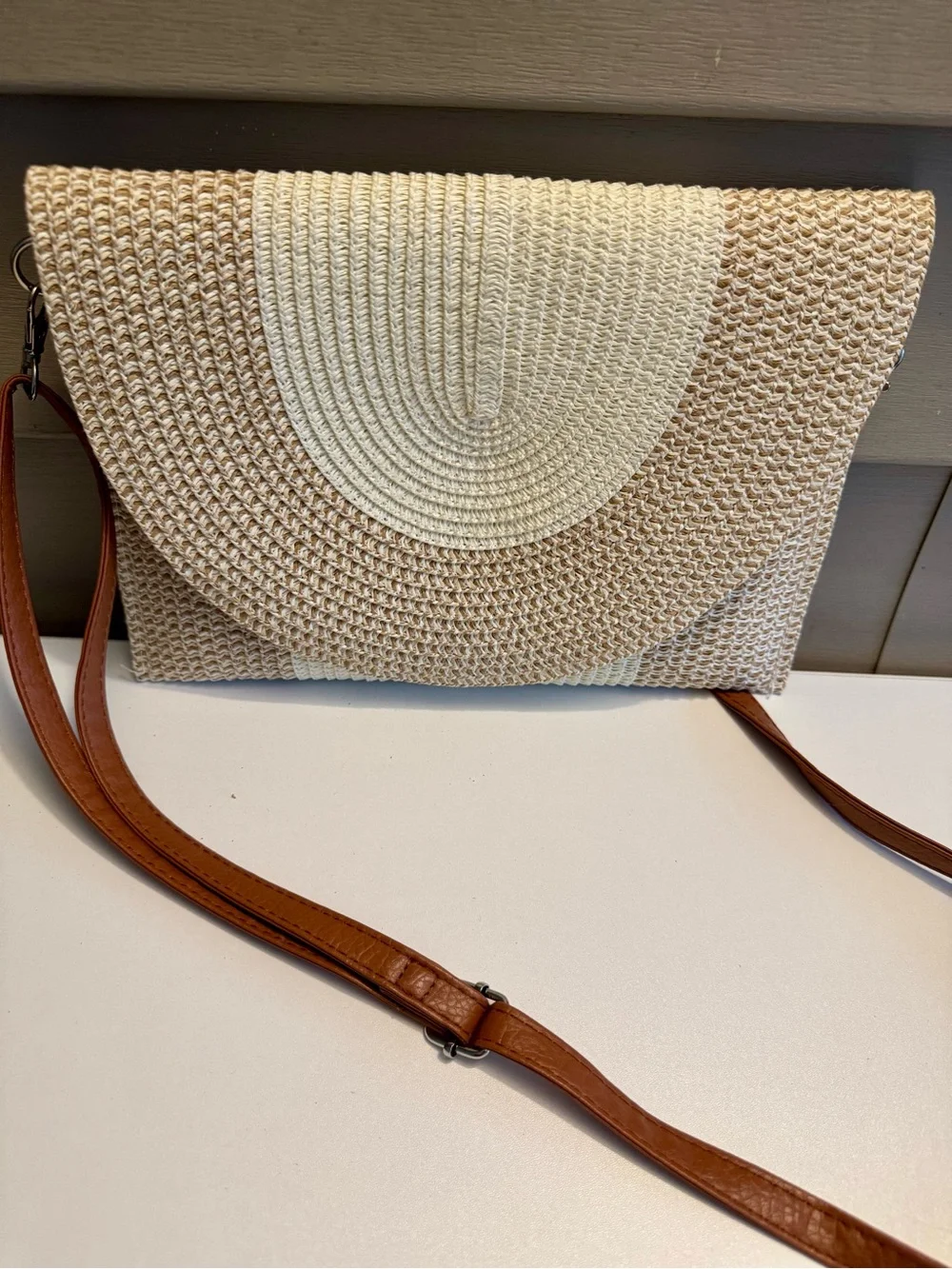 Woven Straw Tote Bag with Brown Strap - Neutral Cream/Beige